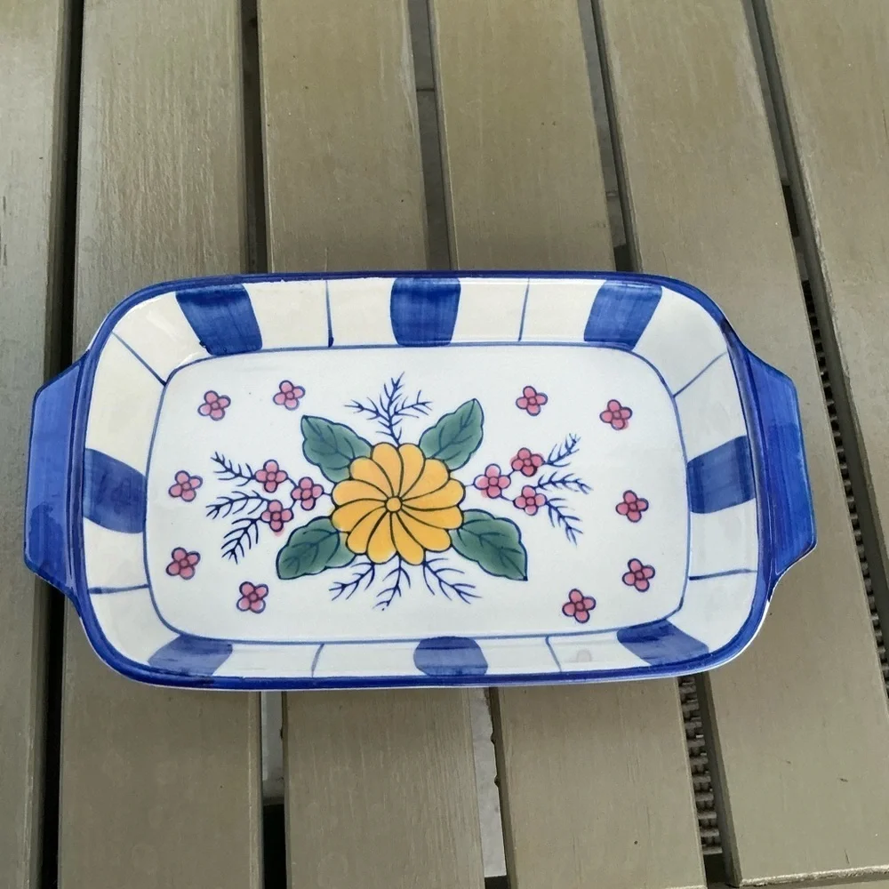 Blue Daisy Flowers Yellow And White Floral Ceramic Baking Dish